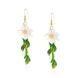 Just Follow Summer Beach Flower Tassel Earrings for Women Boho Long Flower Dangle Floral Petals Drop Earring for Statement Vacation With Green Leaf (White)