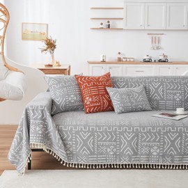 HANDONTIME Bohemian Grey and White Couch Cover for Dogs Aztec Tribal Sofa Covers for 3 Cushion Couch Aesthetic Tassel Couch Slipcover Sofa Seat Cover Universal Loverseat Cover Futon Cover, 71" X150"