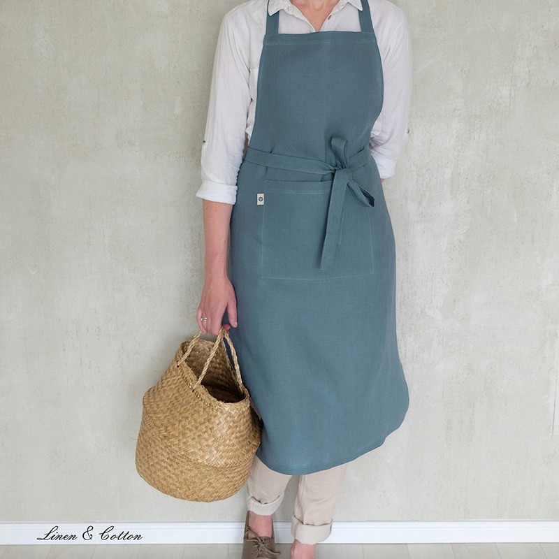 Linen & Cotton Apron, 100% Linen, Blue (70 x 100