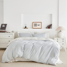 SUSYBAO Blue Seersucker Duvet Cover Queen 100% Cotton Textured Duvet Cover Washed Cotton 3 Pcs Set 1 Light Blue Striped Duvet Cover with Zipper Ties 2 Pillow Shams Seersucker Bedding Set Soft