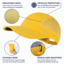 GADIEMKENSD Mens Folding Running Hat Long Brim Golf Hats Quick Dry Baseball Caps Unstructured Breathable Light UPF 50 Cooling Cap for Outdoor Sport Hiking Workout Gym Tennis Travel Yellow
