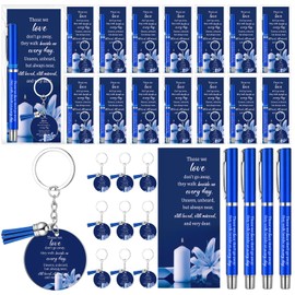 Maitys 50 Set Memorial Funeral Favor for Guest Include 50 Funeral Ballpoints and Prayer Cards, 50 Keychains with Tassels Bags and Twist Ties, Sympathy Gift for Memorial Service (Flower,Blue)