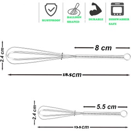 Mini Whisk, Mini Whisk for Cups, Pack of 2, Contains 13.5 cm, 18.5 cm for Mixing, Stirring Dough, Eggs, Frothing, Beating, High Quality Whisk for Dining Room, Living Room, Kitchen, Silver