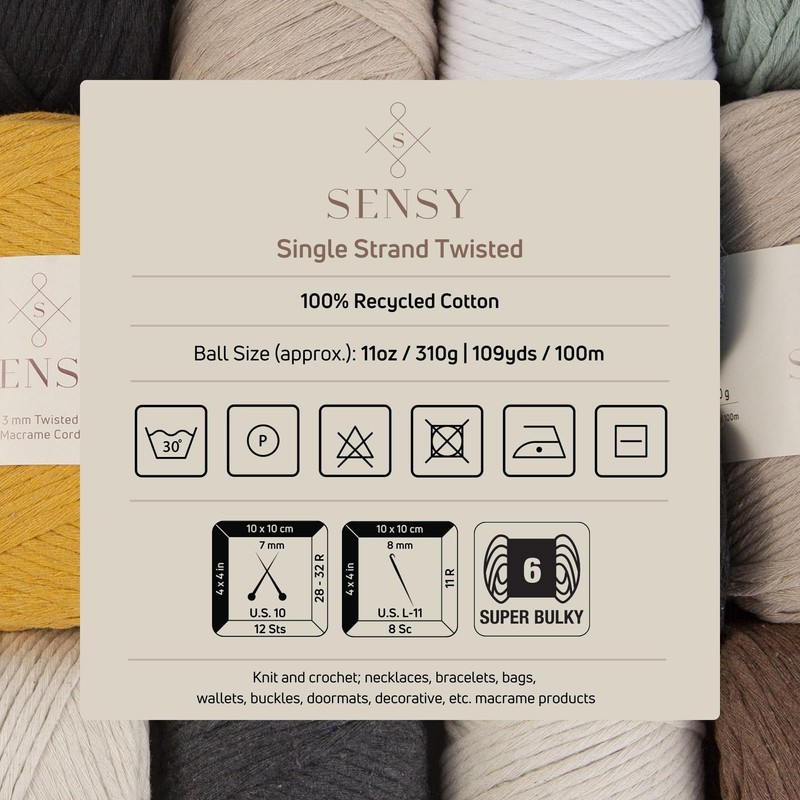 Sensy Premium Macrame Cord 3mm 109 Yards, 100% Cotton, Single