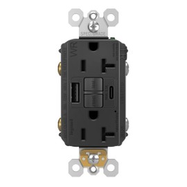 Legrand Pass & Seymour Radiant 20 Amp Hospital-Grade GFCI Wall Power Outlet with 2.0 Amp USB Charger, Black