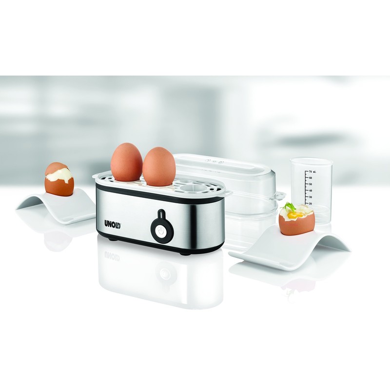 UNOLD 38610 Eierkocher Mini, Edelstahgehäuse, Eiereinsatz mit Griff für 1
