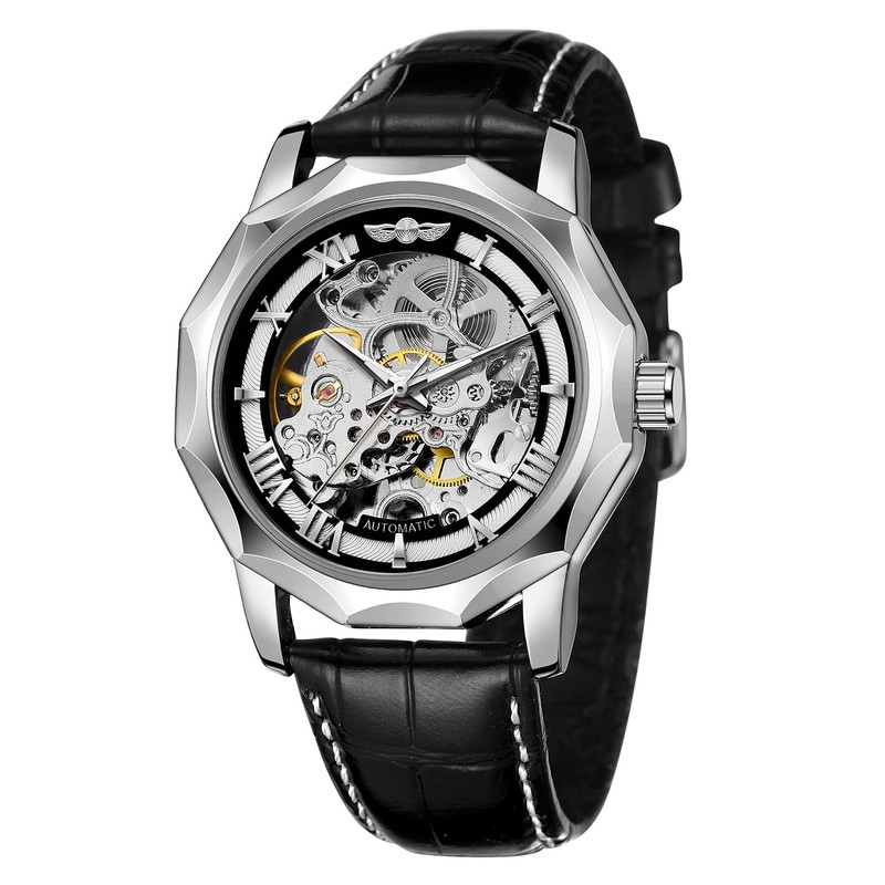 FORSINING Mens Automatic Mechanical Dodecagon Skeleton Roman Numerals Genuine Leather