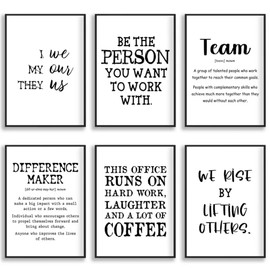 Motivational Office Team Set of 6 Wall Art Prints, Black & White Office Decor (A4-21.0 x 29.7cm)