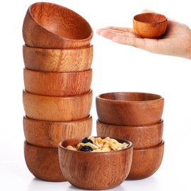 Skylety 10 Pcs Acacia Wooden Bowls Small Calabash Bowls Round Wood Salad Hand Carved Calabash Dip Tray for Serving Popcorn Pasta Coconut Nuts Sauce Appetizers Home Kitchen (2.2 Inch)
