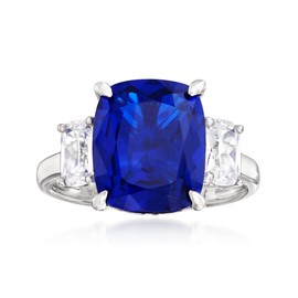 Ross-Simons 6.25 Carat Simulated Sapphire and 1.10 ct. t.w. CZ 3-Stone Ring in Sterling Silver. Size 7