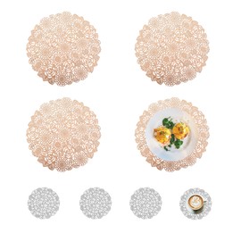 Spldsun Set of 8 Round Place Mats and Coasters, Hollowed Round Place Mats, Round PVC Place Mats, for Non-Slip, Scratch-Resistant, Decorative Tables (Rose Gold, Silver)