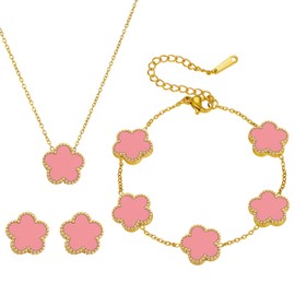 GWAWG Lucky Four Leaf Clover Jewelry Set for Women, 18K Gold Plated Stainless Steel Necklace, Earrings Bracelet, Clover Bracelet Set for Valentine's Day Mother's Day Christmas (pink)