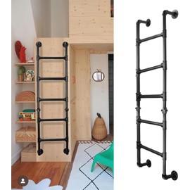 5-Rung Bunk Bed Ladder, 5.4×1.5FTFT Wall Mount Basement Window Well Egress, Black Wrought Iron Industrial Pipe Step Loads 330lbs, Indoor Outdoor Metal for Attic Loft Dorm RV Deck Wall