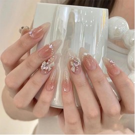 YOVOY Nail Tip, 3D Nail, Cute, False Nail, Short, Nail Tip, Nail Seal, Pink, Black, Cute, Stylish, Nail Tip, Long, Popular, Round Tip, Short, Long, 24 Pieces (Pearl and Ribbon)