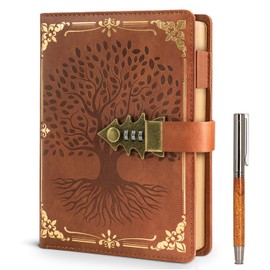 WEMATE Lock Journal with Pen & Gift Box, A5 260 Pages, Refillable, Hardcover Leather Password Notebook for Writing, Lock Diary for Women, Girls, Men, Students,8.6 in x 5.8 in, Brown