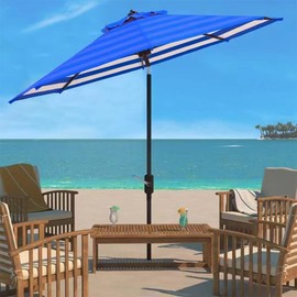 Bayside21 9' Patio Umbrella Outdoor Market Table Umbrella with Auto Tilt Crank Sun Protection UPF 50+ Fade Resistant Fabric Umbrella Cover 9 Feet (Stripe-Blue White Inside)