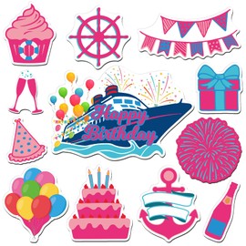LEIFIDE 12 Pcs Cruise Door Decorations Magnetic Ocean Car Magnets Cruise Door Magnet Stickers Decorations Ocean Fridge Decor for Carnival Refrigerator (Pink and Blue,Happy Birthday)