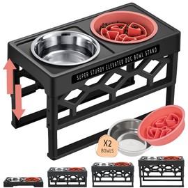 AVERYDAY Elevated Dog Bowls with Slow Feeder, 4 Heights Adjustable Dog Food Bowl Stand for Large Dogs, Raised Slow Feeder Dog Bowls with Stainless Steel Dog Bowl, Anti-Slip Stand for Health Eating