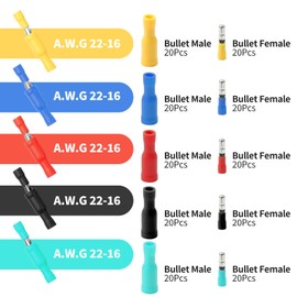200 PCS Bullet Connectors, Terminals Crimp Assortment Ring Butt Terminals, Insulated Crimp Terminals Electrical Wire Cable Connectors(Red, Yellow, Blue, Green, Black, 5 Different Sizes)