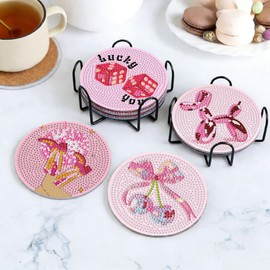 YarnWhimsy 8PCS Pink Disco Diamond Art Coasters Set with Holder & Cork Pads