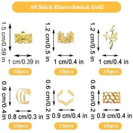 TANSAR Pack of 60 Gold Hair Accessories, Dreadlocks Jewellery, Metal Hair Beads Clips, Hair Accessories, Hair Accessories for Women and Men
