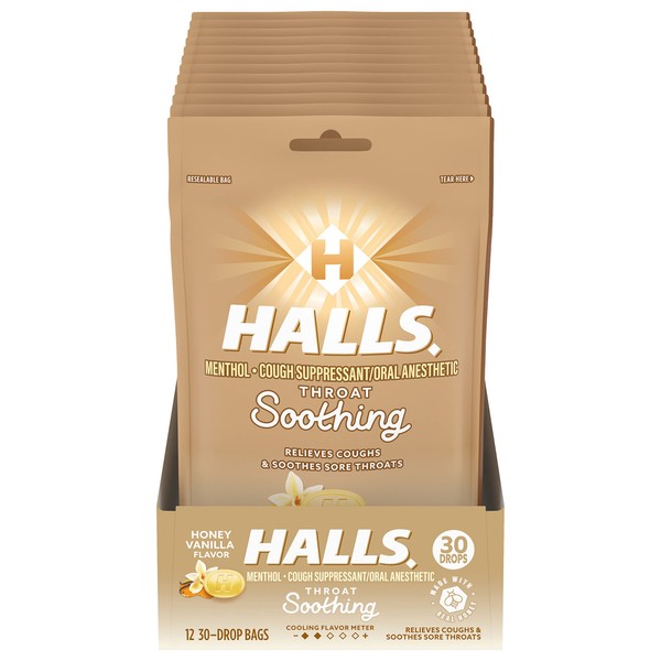 Halls Soothe Honey Vanilla Cough Drops, 12 Bags of 30 Drops (360 Total Drops)