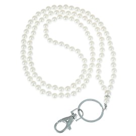 MPC Brands Longer Length Pearl Lanyard for Women With Rhinestone Diamond Accent, White