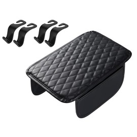 Abiyou Car Armrest Pad, Universal Armrest Pad Sending 4 Car Storage Hooks, Car Armrest Pad with 2 Storage Pockets, Centre Armrest Cushion Car, for Most Vehicles (Black)