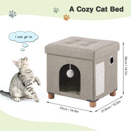 BRIAN & DANY Cat House for Indoor Cats, Cat Cave Bed for Pet, Cat Cube with Cat Scratch Board & Cat Ball, 14.7" x 14.1” x 12.7”, Beige