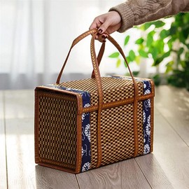 Lobamop Picnic Woven Basket Wicker Storage Bag Handle Folded Fruit Shopping Food Handle Rattan Grass Foldable Bamboo Basket