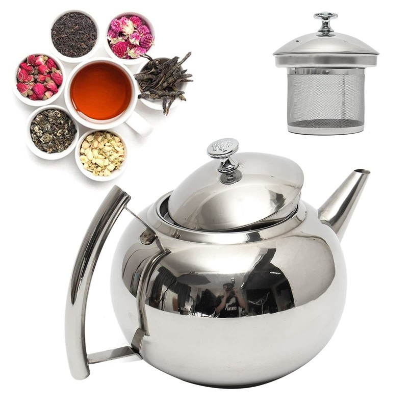Stainless Steel Teapot, Round Smooth Mirrored Surface Teapot with Thermal