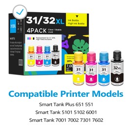 31 & 32XL Ink Bottles 4-Pack (1 Black, 1 Cyan, 1 Magenta, 1 Yellow), Compatible with HP Smart Tank 5101, 5102, 6001 | 7001, 7002, 7301, 7602 Plus Printer | High Yield & Anti-Clog Technology