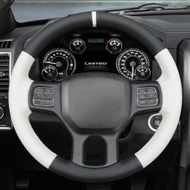 MEWANT DIY Stitched White Leather Steering Wheel Cover Wrap for Dodge RAM 1500 2012-2018/1500 Classic 2019-2023/2500 2012-2018/3500 2012-2018/5500 2012-2018