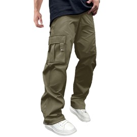 PLEPAN Cargo Pants for Men Drawstring Elastic Waist Hiking Pants Workout Joggers Sweatpants Streetwear Trousers for Men Army Green,US 34(M)