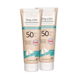 MABYEN 100% Mineral Sun Cream Baby & Kids SPF 50 Set, 2 x 100 ml - Baby Sun Cream with Mineral UVA/UVB Filter, Instant Protection without Exposure Time - Waterproof, Fragrance-Free Natural Cosmetics