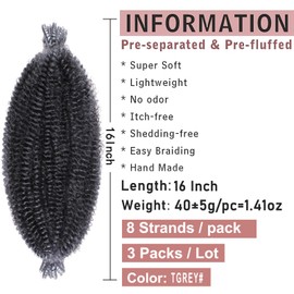 3 Packs Grey Pre-fluffed Springy Afro Twist Hair 16 Inch Pre-Separated Spring Twist For Distressed Soft Locs Afro Twist Hair Natural Marley Twist Crochet Braiding Hair Extensions (16 Inch3Pcs,TGREY#)