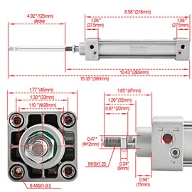 Heschen Pneumatic Standard Cylinder, SC 32-125, PT1/8'' Port, 32mm Bore, 125mm Stroke, Single Rod Double Action