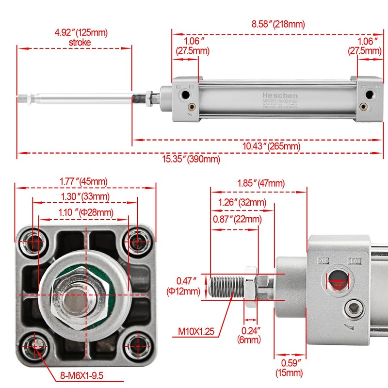 Heschen Pneumatic Standard Cylinder, SC 32-125, PT1/8'' Port, 32mm Bore,