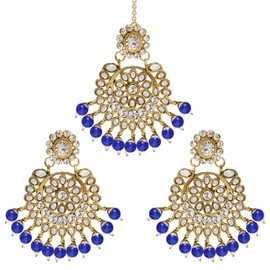 Aheli Exquisite Design Faux Kundan Beaded Earrings Maang Tikka Set Ethnic Indian Jewelry Gift for Women Blue