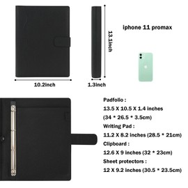 Wonderpool A4 PU Leather 3 & 4 Ring Holder Writing Portfolio Multi Document Case with Removable Binder Clipboard and Functional Pocket for Organizer Office Travel School (Black)