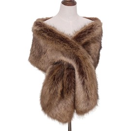 Surakey Women Faux Fur Shawl Wrap Collar Long Winter Neck Warmer Wraps Scarf Stole Wedding Sleeveless 1920s Bridal Fur Scarf (Brown)