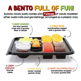 Raindrops Gummy Candy Sushi Mini Bento Box with 5 Kinds of Sushi Rolls and Garnishes - 9 Sushi Bites Made from Marshmallows, Licorice, Sour Strips, Gummi Bears and Fish - Fun and Unique Candy Gifts