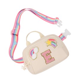 Fanny Pack for Girls, Cute Crossbody Bag for Kids Teens Belt Bag Waist Bag With 2 Compartments Trendy Stuff Graduation Birthday Gifts for 4 5 6 7 8 9 10 11 12 13 Years Old Beige Initial E