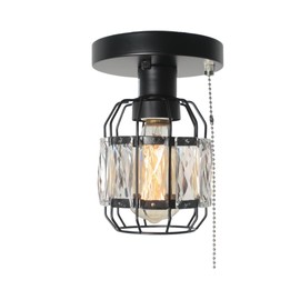 Baiwaiz Crystal Cage Pull String Semi Flush Mount Light, 1-Light Black Metal Modern Industrial Ceiling Light Fixture with Pull Chain Small Round Hallway Closet Ceiling Light Edison E26 162
