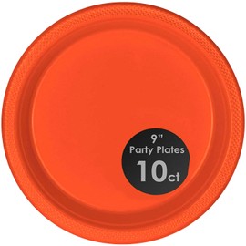 DecorRack 10 Large Plastic Plates, 9 inch Dinner Plates, Disposable Tableware for Kids Birthday Party, Orange (Pack of 10)