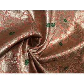Silk Brocade Fabric 44" Peach and Green with Metallic White Gold Floral Jacquard BRO1038[3]