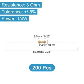 YOKIVE 200 Pcs 1/4W (0.25 Watts) 3 Ohm 5% Carbon Film Resistor, Carbon Film Single Fixed Resistor | Great for DIY Electronic Devices, Circuit Boards, Sensors