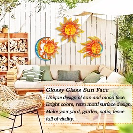 BVLFOOK Metal Sun Wall Art Decor,12 Inch Retro Hanging Decor With Glass,Sun Moon Star Outdoor Indoor Wall Decorations For Patio Yard Garden Fence Living Room Bedroom, Set of 3