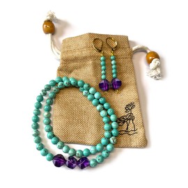 Natural Blue Turquoise Stone Beads Faceted Purple Amethyst Quartz Necklace,Real Genuine Crystal Quartz Gemstone Boho Bohemian Beading Necklace & Drop Dangle Earrings Jewelry Set for Women (A05_Amethyst, 40cm(15.8in))