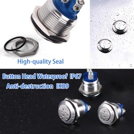 Langir 19mm Momentary Push Button Switch IP67 Waterproof Stainless Steel Anti-Vandal Metal Switch Screw Terminals12V 24V 36V DC/2A, 250V 110V AC/5A 1NO SPST - 2Pcs